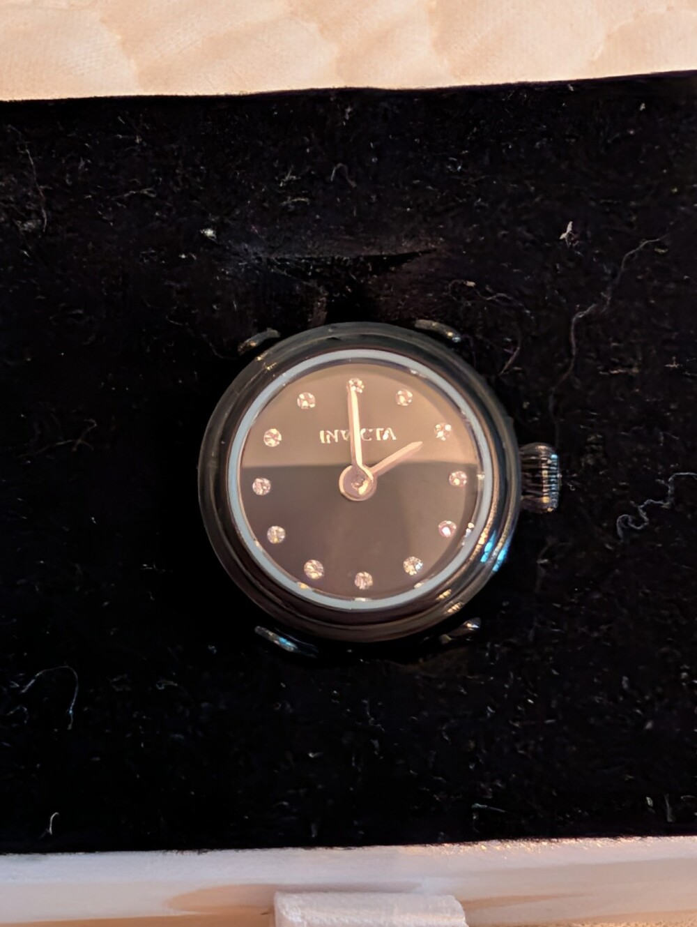 Invicta Black Round Dial Watch Ring with Crystal Hour Markers